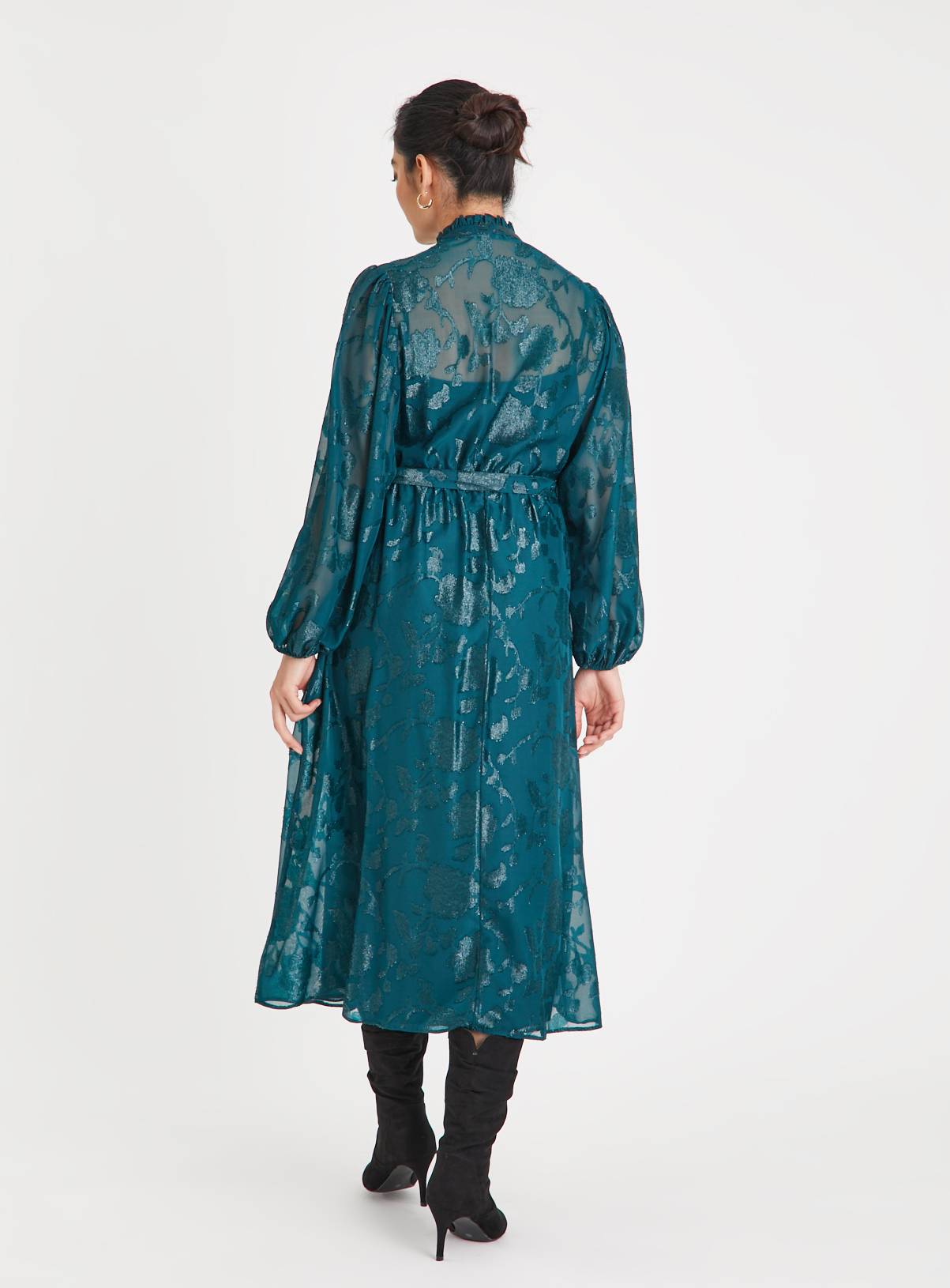 Green Jacquard Floral Belted Midi Dress 10 - Image 4
